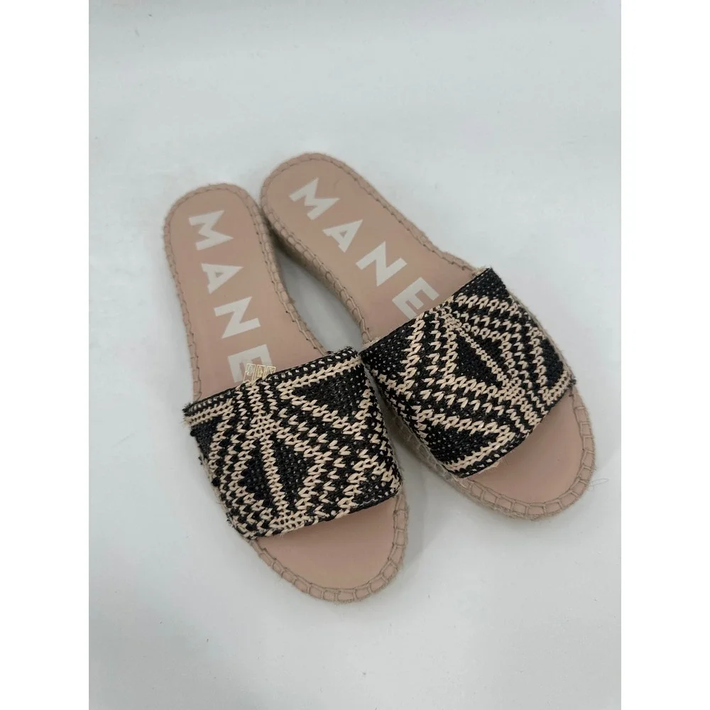 Manebi Hamptons Black Beige Geometric Knit Espadrille Platform Slide Sandals